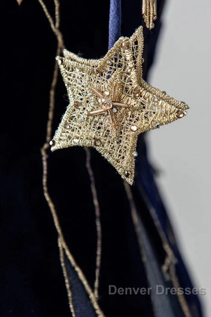 Elegant Navy Blue Spaghetti Strap Long Prom Dress With Star