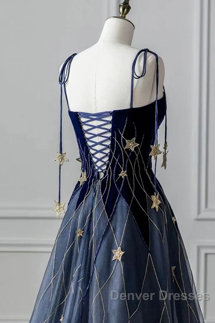 Elegant Navy Blue Spaghetti Strap Long Prom Dress With Star