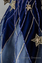 Elegant Navy Blue Spaghetti Strap Long Prom Dress With Star