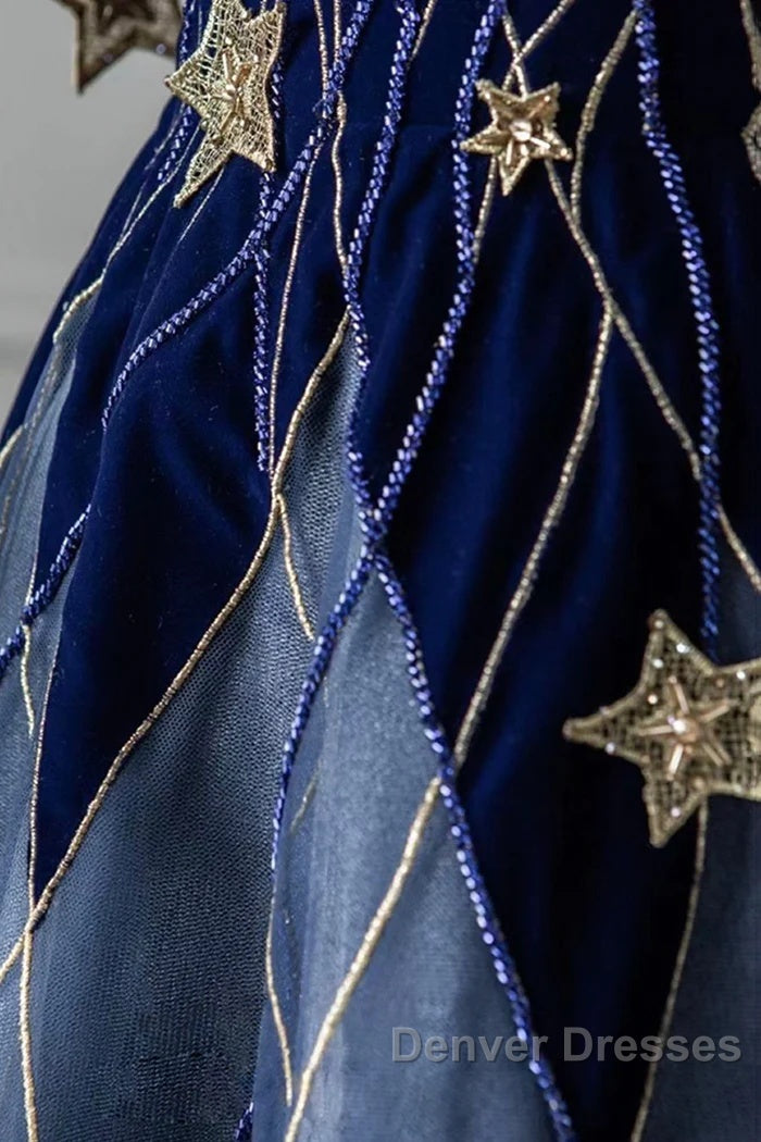 Elegant Navy Blue Spaghetti Strap Long Prom Dress With Star