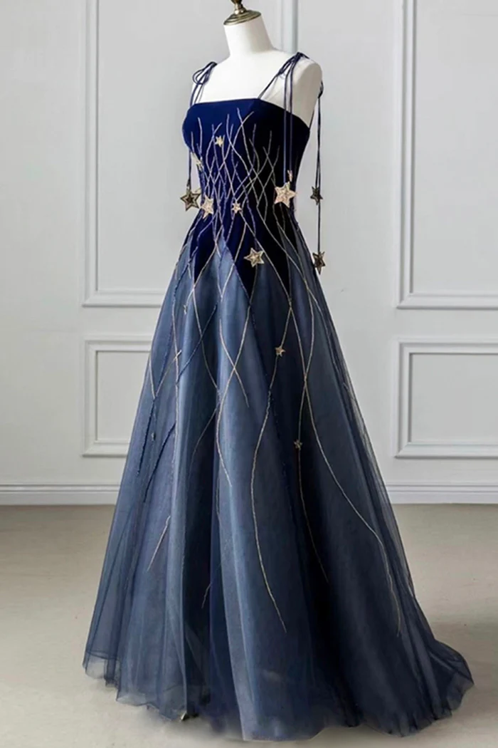 Elegant Navy Blue Spaghetti Strap Long Prom Dress With Star Main image