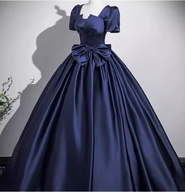 Elegant Navy Blue Square Neck Puff Sleeve Bow Satin Long Prom Dress Evening Dress Secondary image