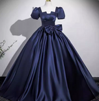 Elegant Navy Blue Square Neck Puff Sleeve Bow Satin Long Prom Dress Evening Dress