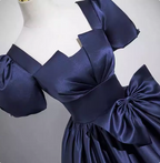 Elegant Navy Blue Square Neck Puff Sleeve Bow Satin Long Prom Dress Evening Dress