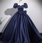 Elegant Navy Blue Square Neck Puff Sleeve Bow Satin Long Prom Dress Evening Dress