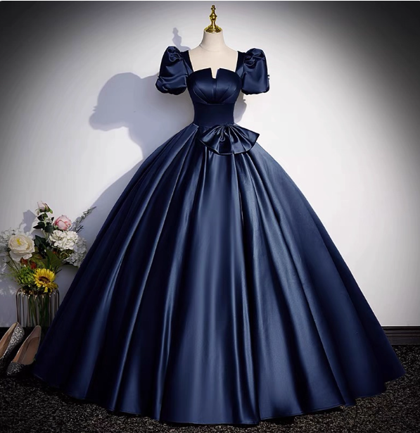 Elegant Navy Blue Square Neck Puff Sleeve Bow Satin Long Prom Dress Evening Dress