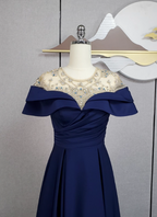 Elegant Navy Blue Train Beaded Satin Prom Dress Evening Dress