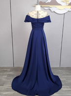 Elegant Navy Blue Train Beaded Satin Prom Dress Evening Dress