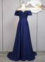 Elegant Navy Blue Train Beaded Satin Prom Dress Evening Dress