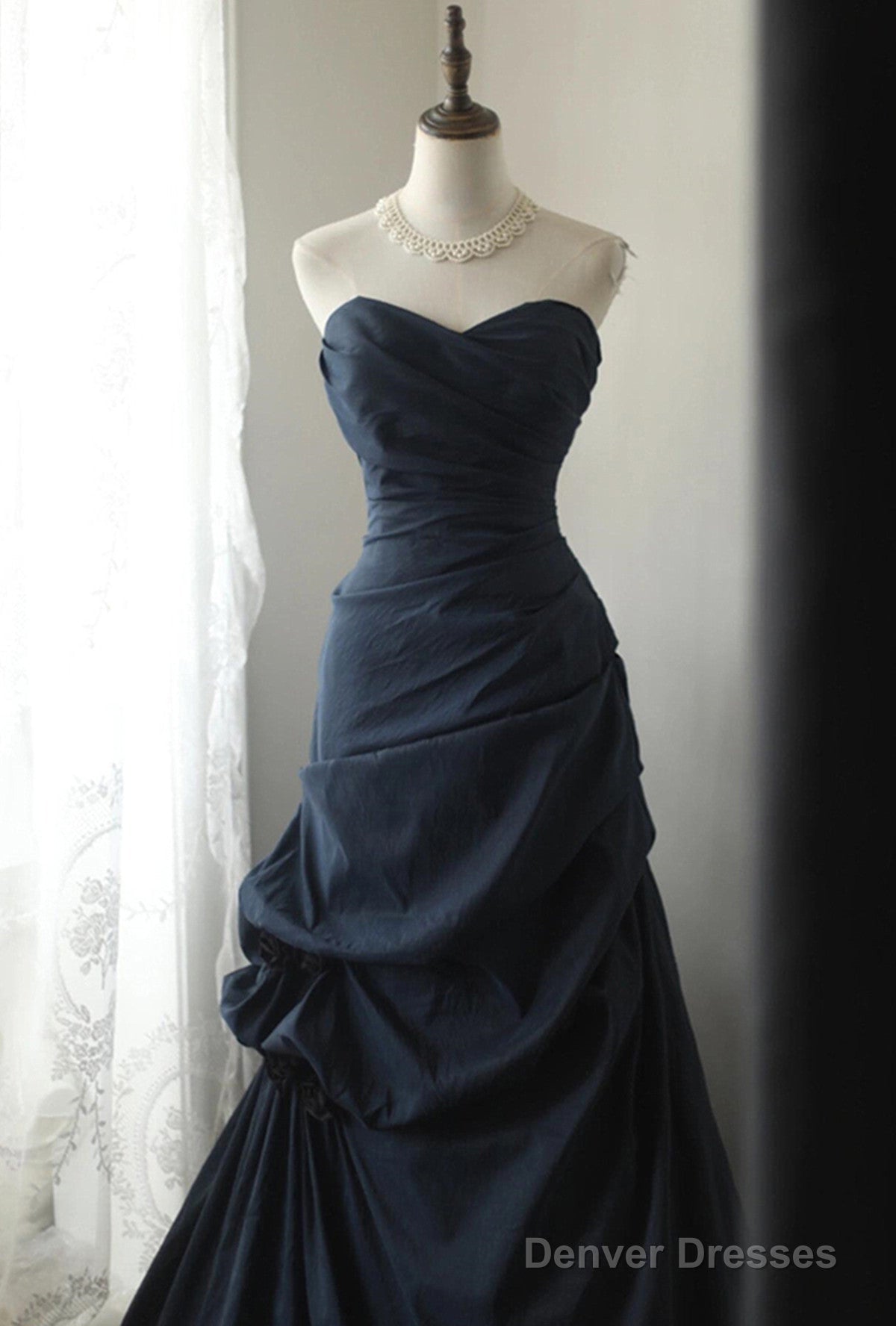 Elegant Navy Blue Vintage Style Taffeta Long Prom Dress, Navy Blue Party Dress Secondary image