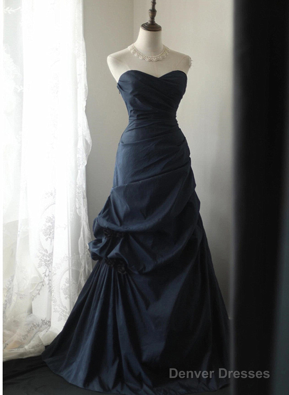 Elegant Navy Blue Vintage Style Taffeta Long Prom Dress, Navy Blue Party Dress Main image