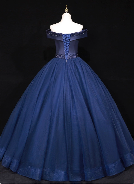 Elegant Navy Blue Off-The-Shoulder Beaded Satin Tulle Long Prom Dress Evening Dress Secondary image