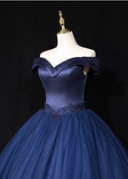Elegant Navy Blue Off-The-Shoulder Beaded Satin Tulle Long Prom Dress Evening Dress