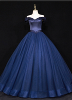 Elegant Navy Blue Off-The-Shoulder Beaded Satin Tulle Long Prom Dress Evening Dress