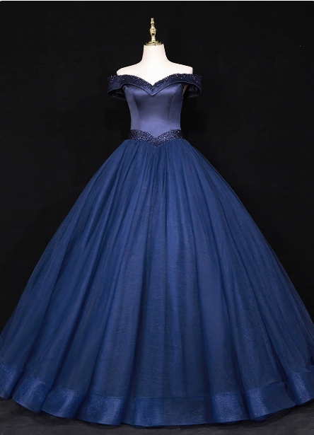 Elegant Navy Blue Off-The-Shoulder Beaded Satin Tulle Long Prom Dress Evening Dress