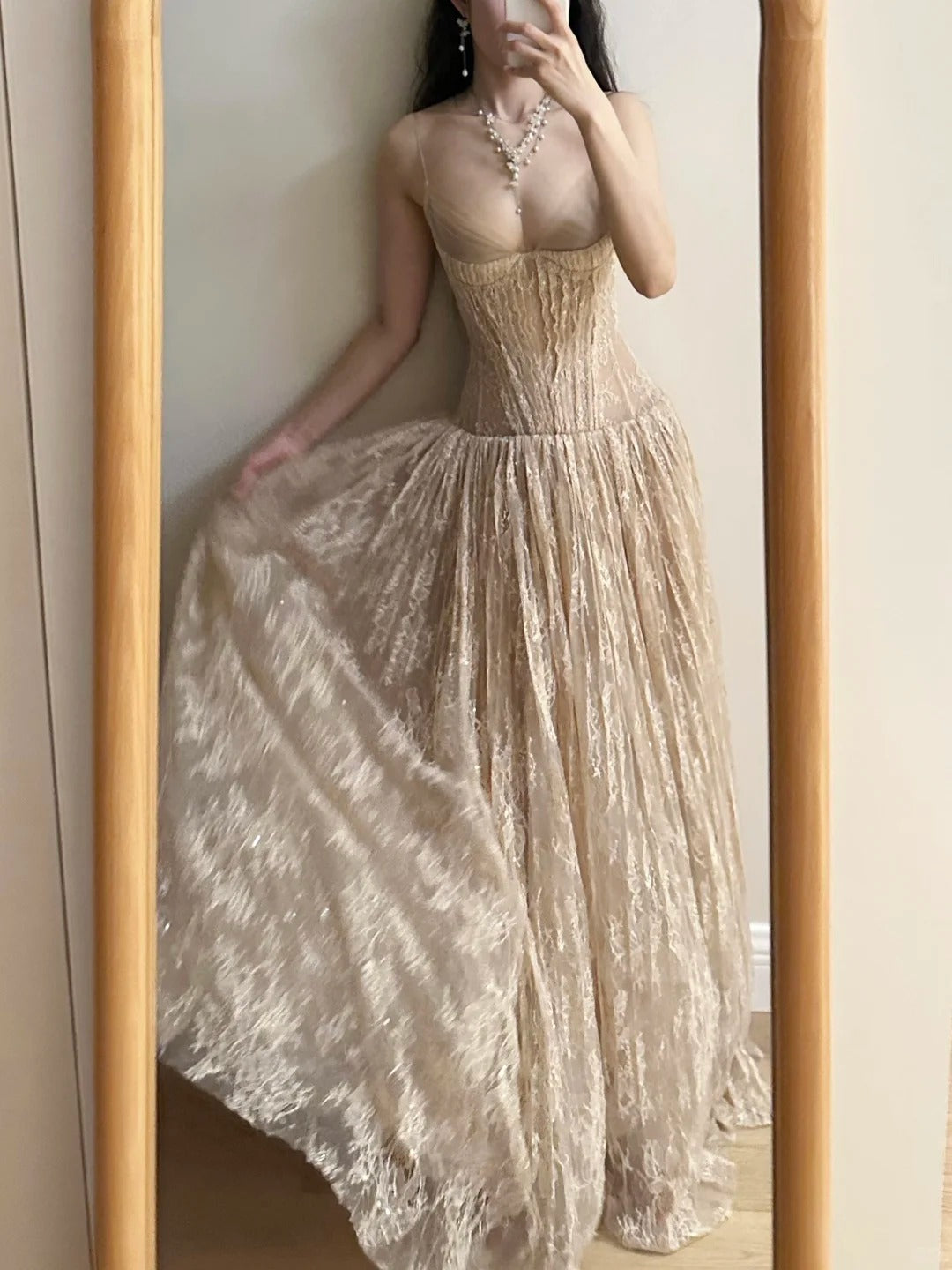 Elegant Nude Apricot A-Line Deep V Halter Lace Long Prom Dress Evening Dress Bridesmaid Dress