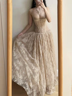 Elegant Nude Apricot A-Line Deep V Halter Lace Long Prom Dress Evening Dress Bridesmaid Dress