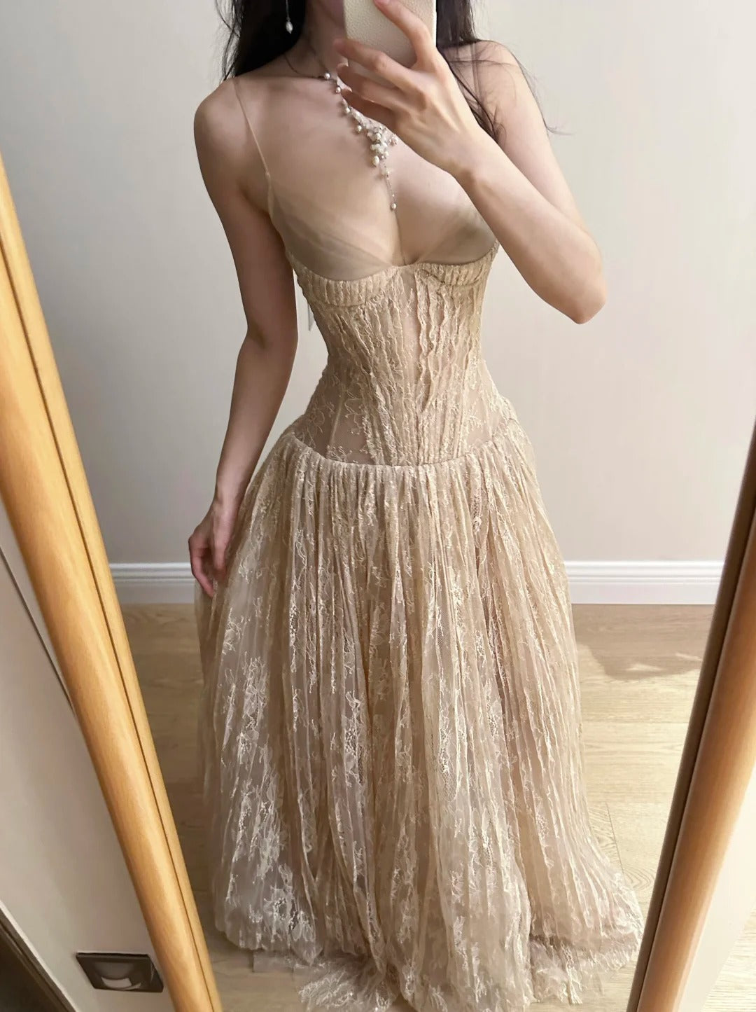 Elegant Nude Apricot A-Line Deep V Halter Lace Long Prom Dress Evening Dress Bridesmaid Dress