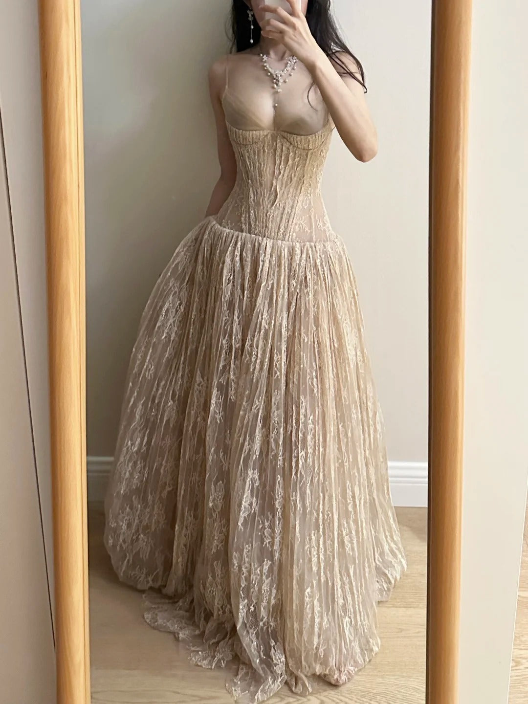 Elegant Nude Apricot A-Line Deep V Halter Lace Long Prom Dress Evening Dress Bridesmaid Dress