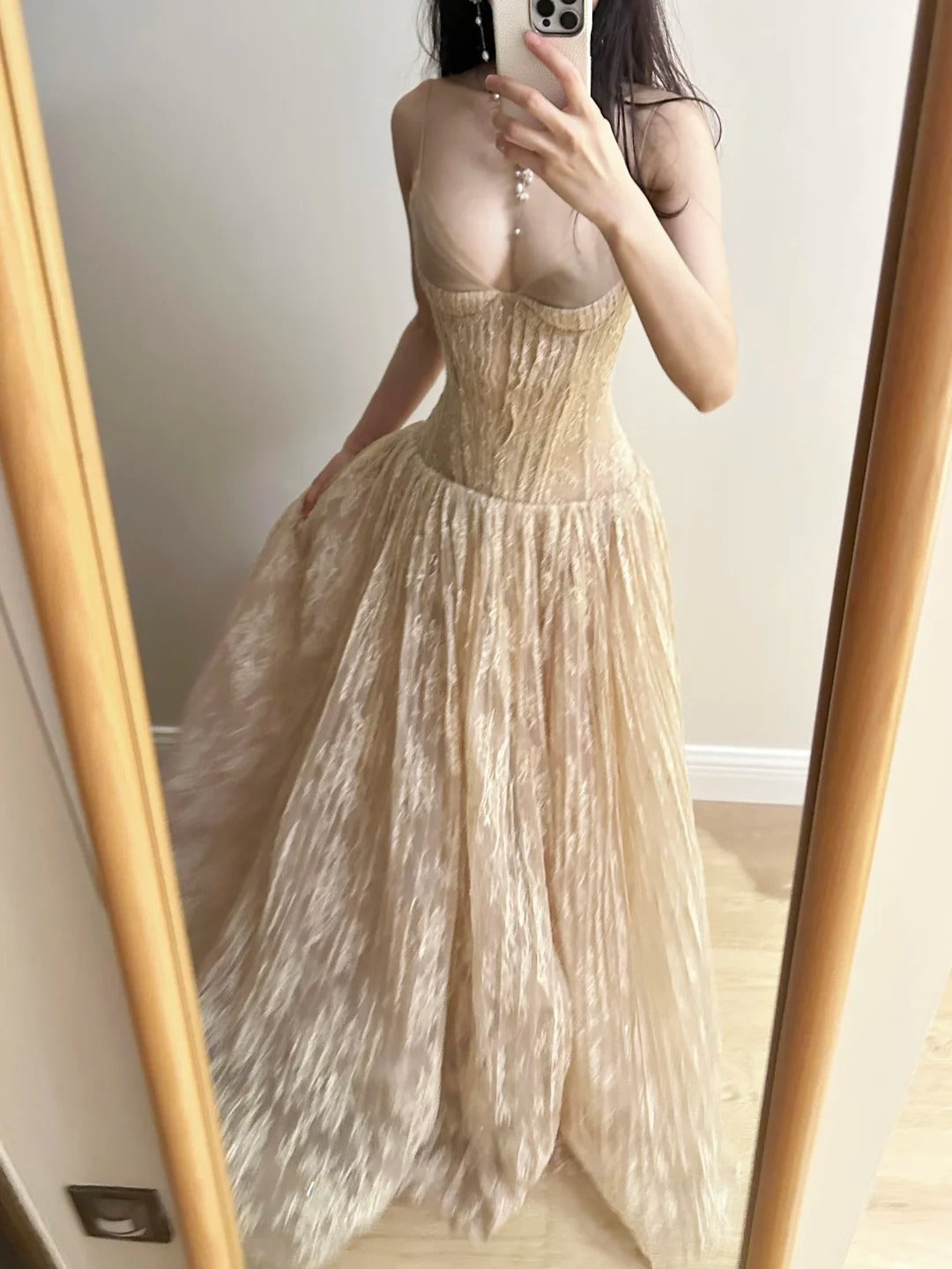 Elegant Nude Apricot A-Line Deep V Halter Lace Long Prom Dress Evening Dress Bridesmaid Dress