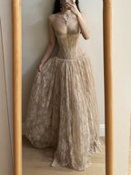 Elegant Nude Apricot A-Line Deep V Halter Lace Long Prom Dress Evening Dress Bridesmaid Dress
