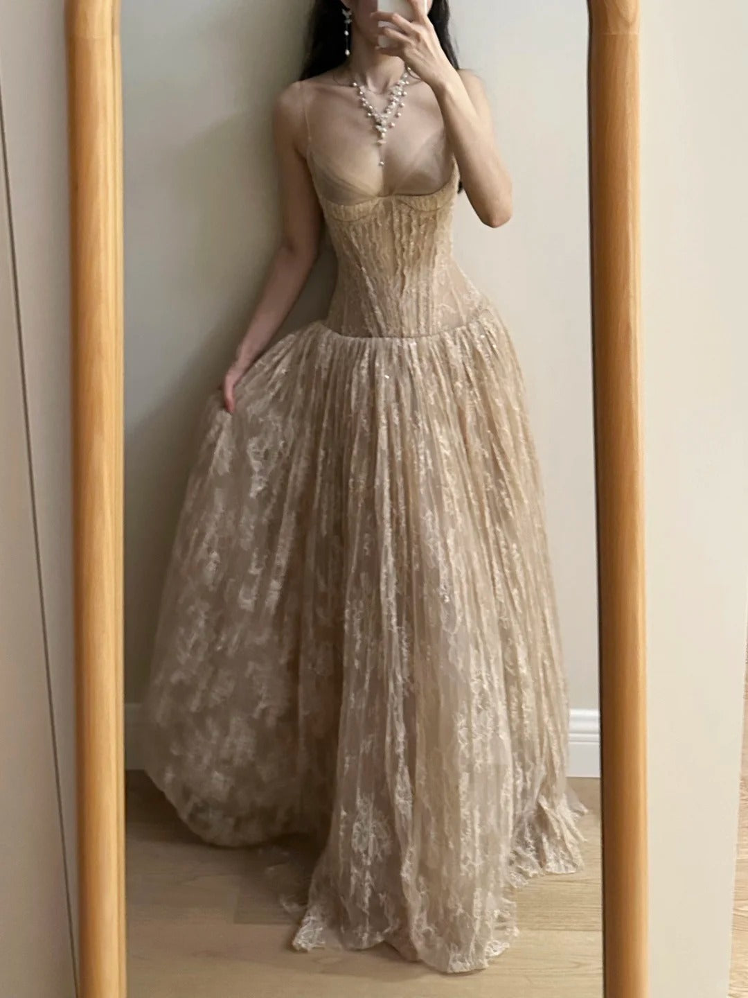Elegant Nude Apricot A-Line Deep V Halter Lace Long Prom Dress Evening Dress Bridesmaid Dress