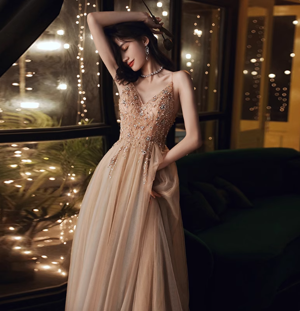 Elegant Nude Apricot A-Line Spaghetti Strap V-Neck Beaded Tulle Long Prom Dress Evening Dress Secondary image