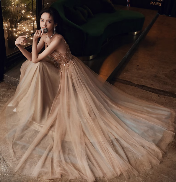 Elegant Nude Apricot A-Line Spaghetti Strap V-Neck Beaded Tulle Long Prom Dress Evening Dress