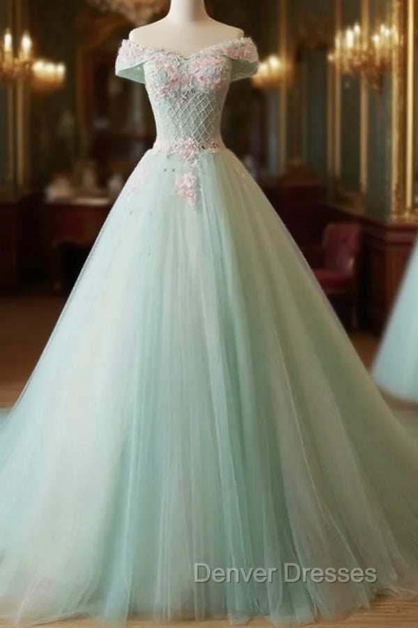 Elegant Off Shoulder Light Green Tulle Sweet 16 Dress, Long Formal Gown