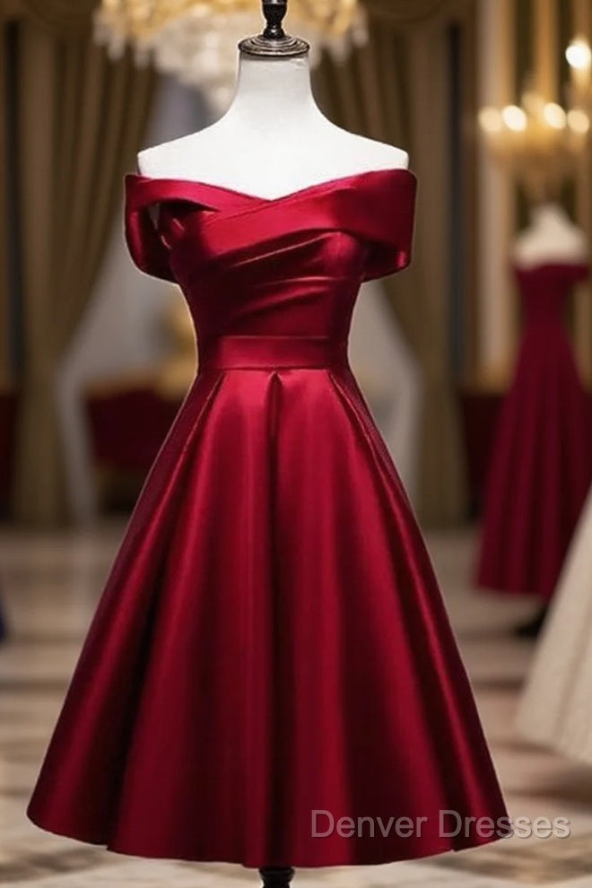 Elegant Off Shoulder Satin Knee Length Bridesmaid Dress Main image