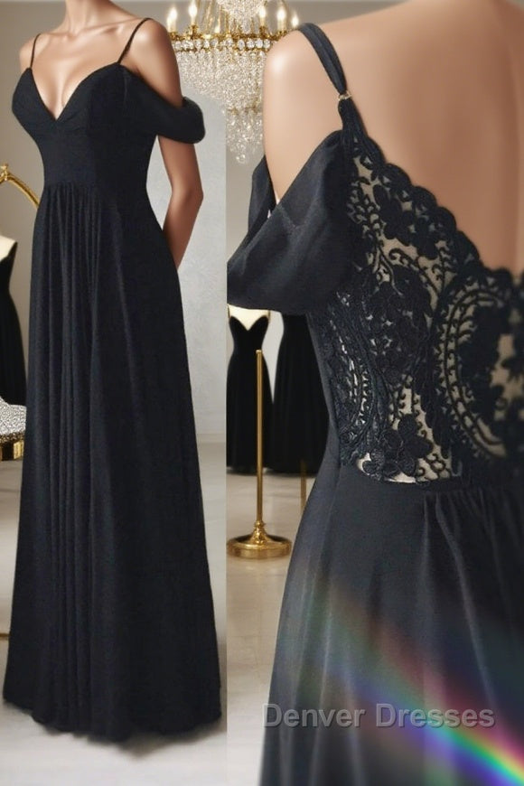 Elegant Off the Shoulder Black Long Prom Dress with Lace Back, Off Shoulder Black Lace Formal Evening Dress