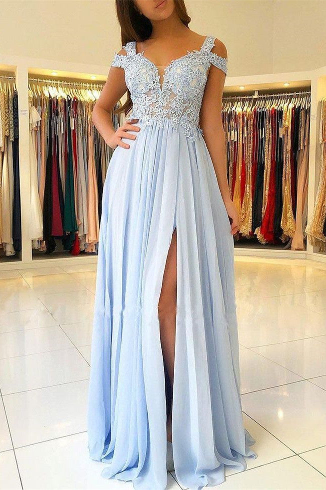 Elegant Off-The-Shoulder Low Back Prom Dresses With Chic High Split Ligh Sky Blue Evening Gowns With Lace Appliques