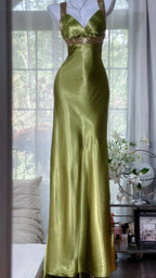 Elegant Olive-Green Mermaid V-Neck Backless Satin Long Prom Dress Evening Dress