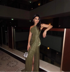 Elegant Olive Green One-Shoulder Ruffled Slit Satin Long Prom Dress Evening Dress