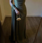Elegant Olive Green One-Shoulder Ruffled Slit Satin Long Prom Dress Evening Dress
