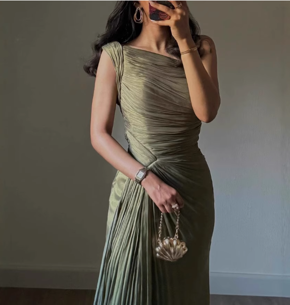 Elegant Olive Green One-Shoulder Ruffled Slit Satin Long Prom Dress Evening Dress Main image