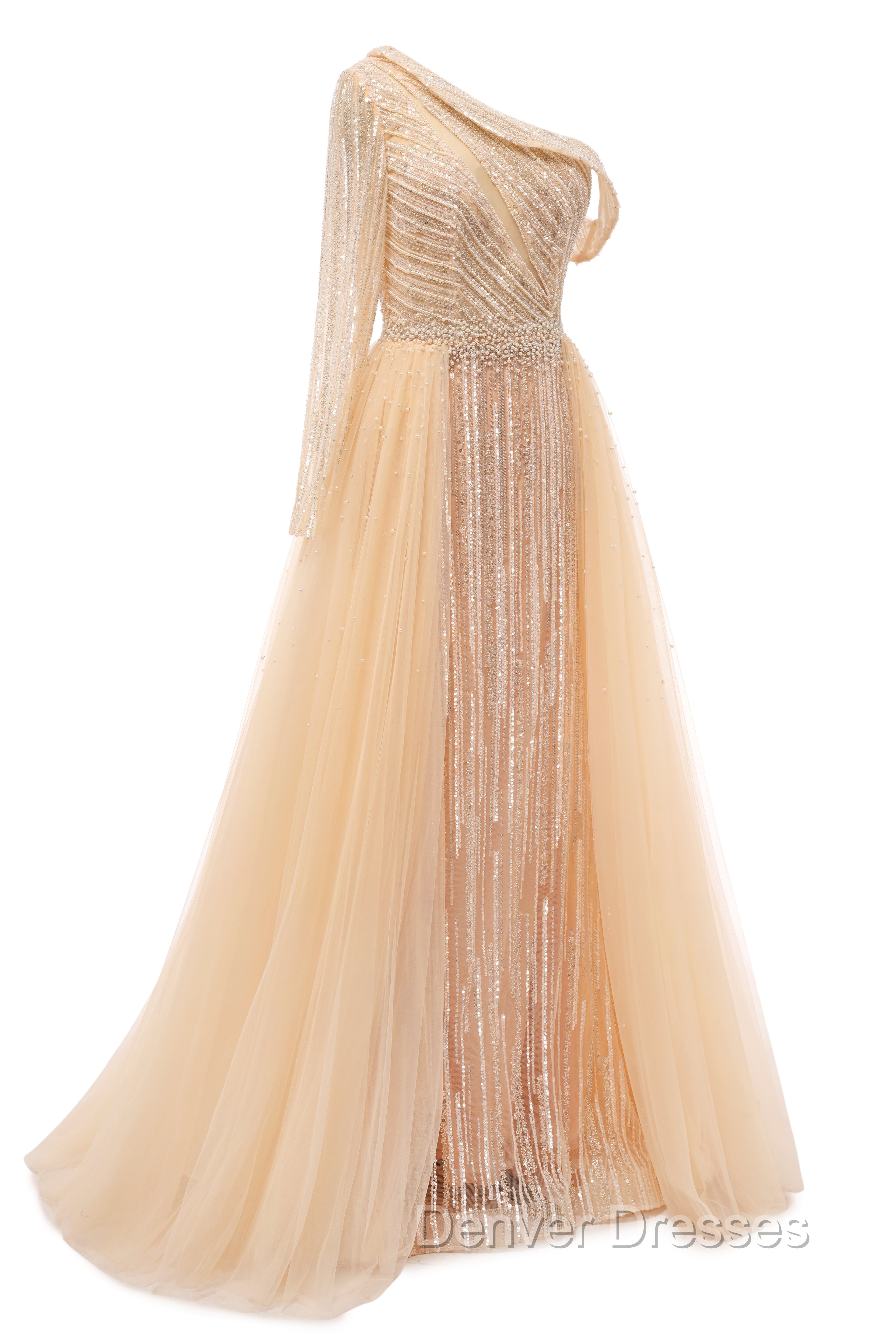 Elegant One Shoulder Beige Prom Dress Sheer Beading Lace Formal Dress