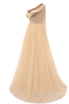 Elegant One Shoulder Beige Prom Dress Sheer Beading Lace Formal Dress