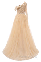 Elegant One Shoulder Beige Prom Dress Sheer Beading Lace Formal Dress