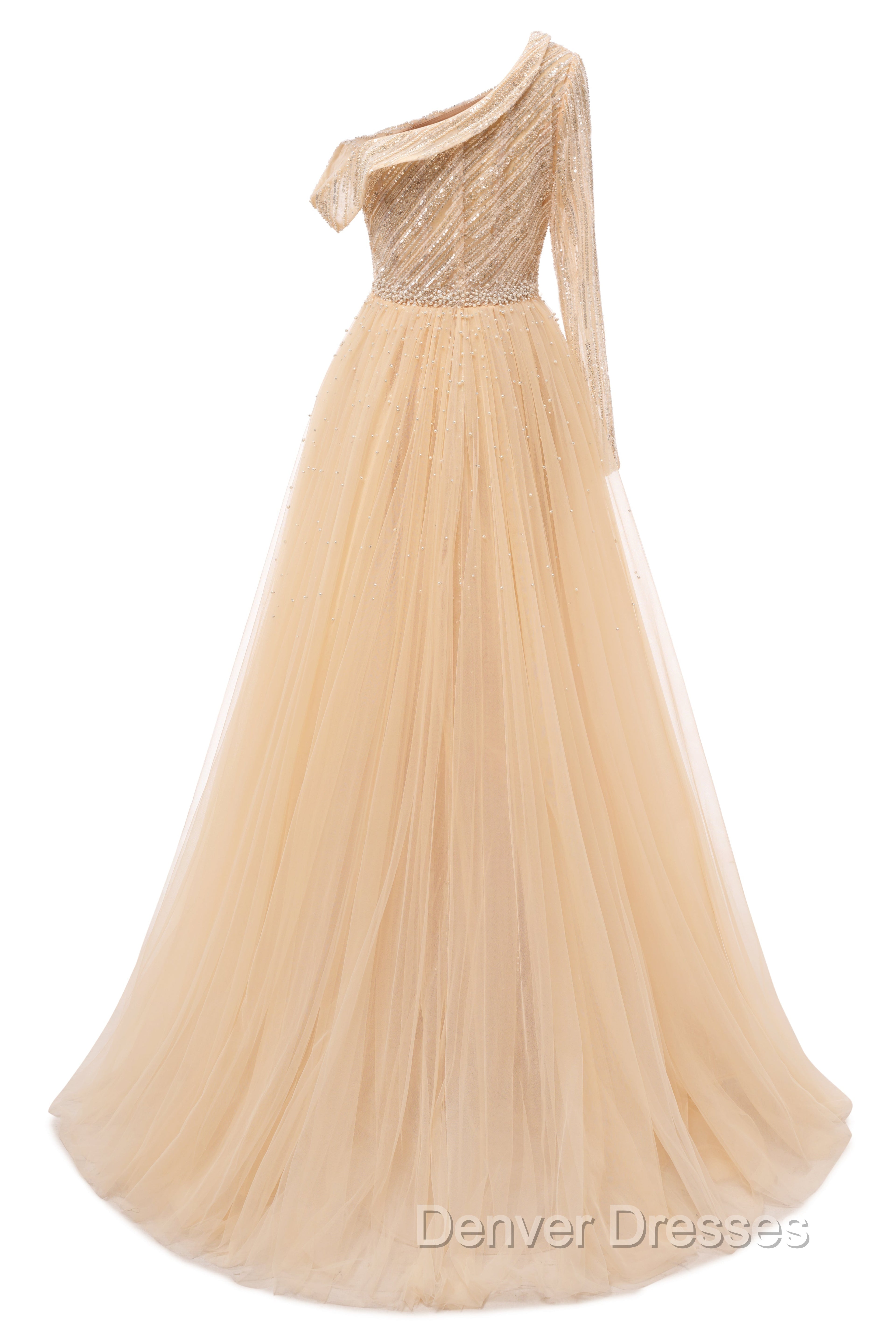 Elegant One Shoulder Beige Prom Dress Sheer Beading Lace Formal Dress