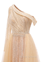 Elegant One Shoulder Beige Prom Dress Sheer Beading Lace Formal Dress