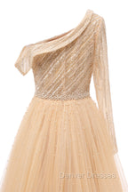 Elegant One Shoulder Beige Prom Dress Sheer Beading Lace Formal Dress