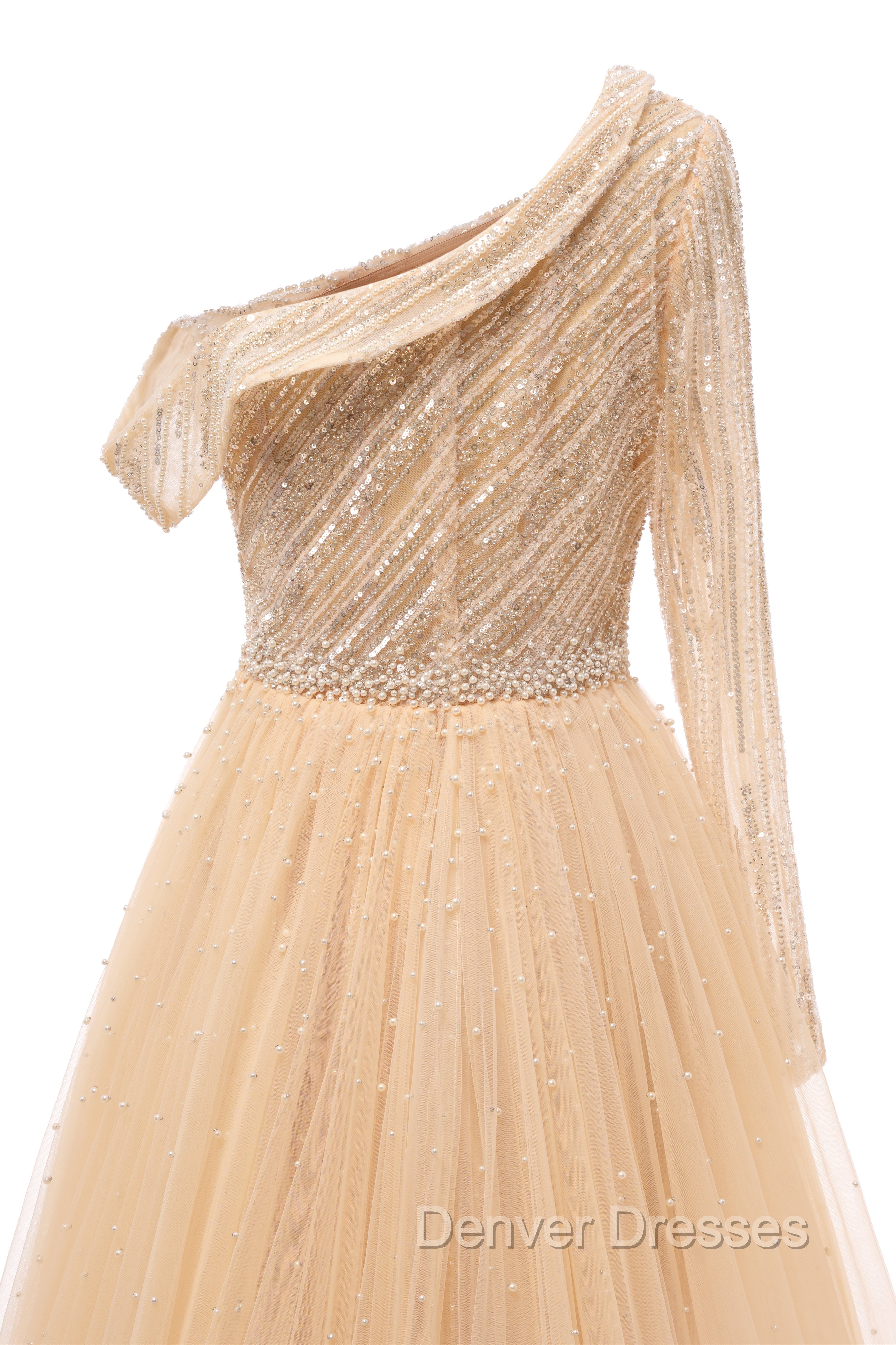 Elegant One Shoulder Beige Prom Dress Sheer Beading Lace Formal Dress