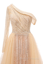 Elegant One Shoulder Beige Prom Dress Sheer Beading Lace Formal Dress