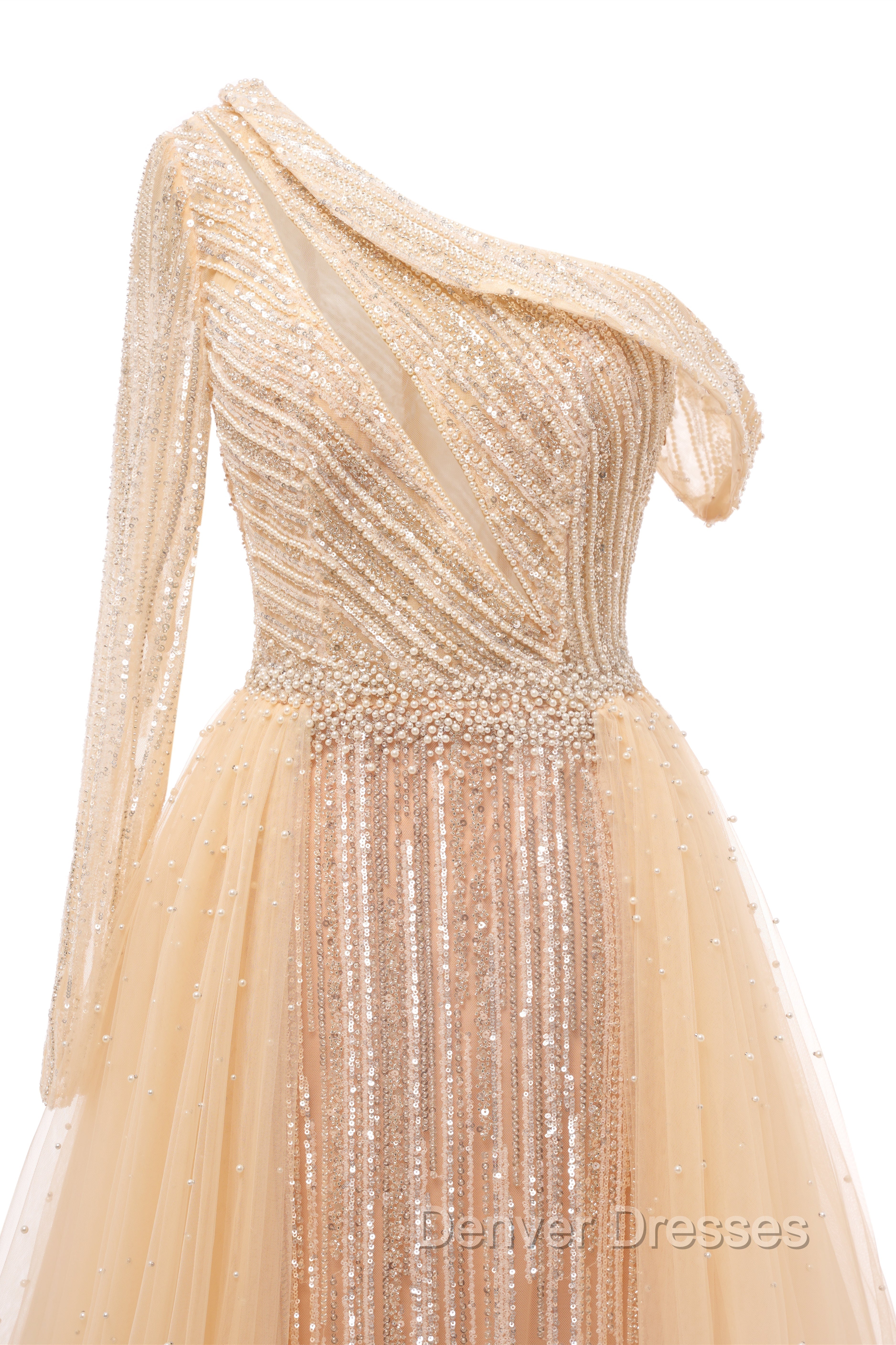 Elegant One Shoulder Beige Prom Dress Sheer Beading Lace Formal Dress