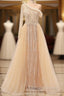 Elegant One Shoulder Beige Prom Dress Sheer Beading Lace Formal Dress