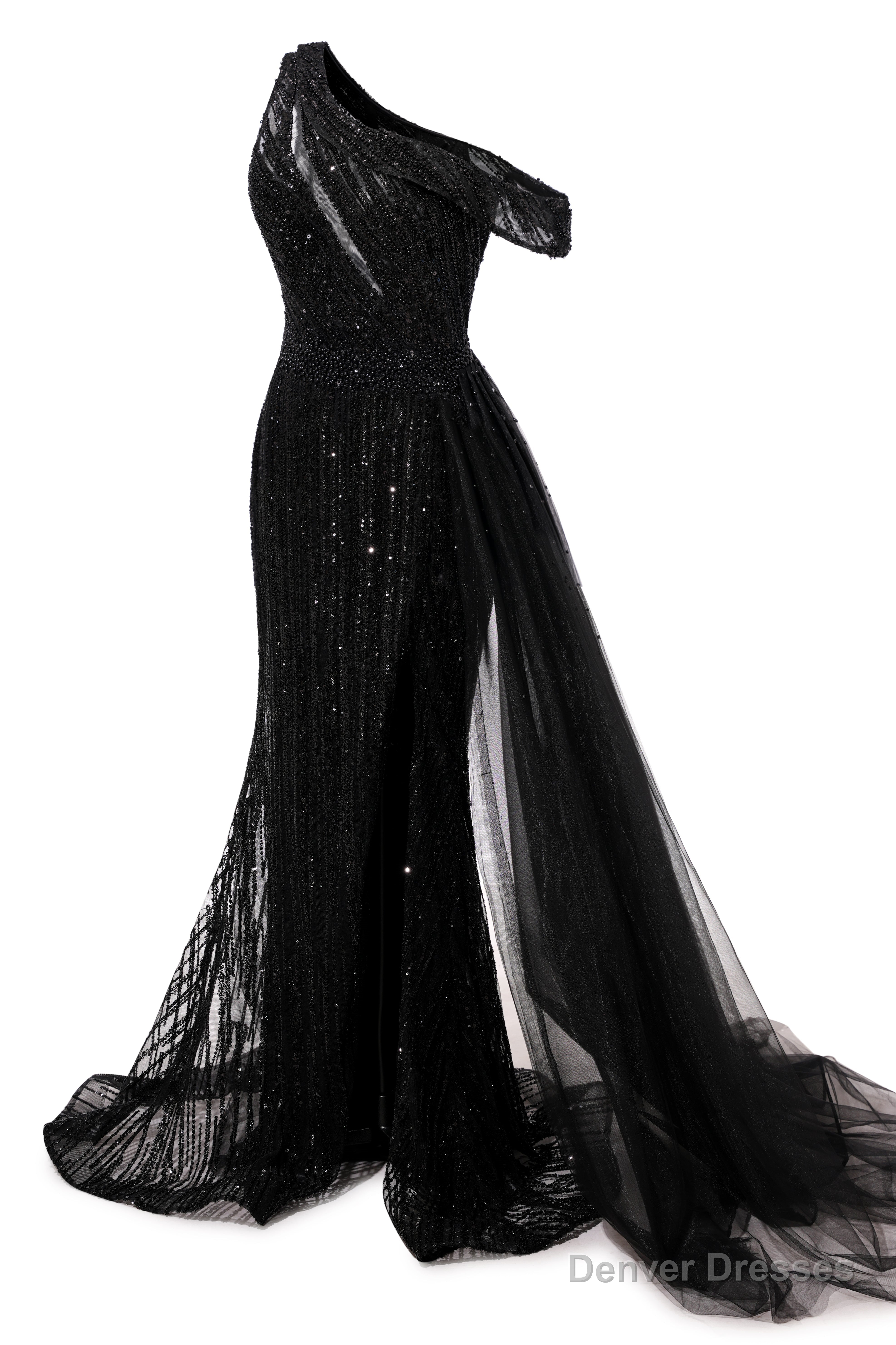 Elegant One Shoulder Black Prom Dresses Sheer Beading Lace Formal Dresses Secondary image