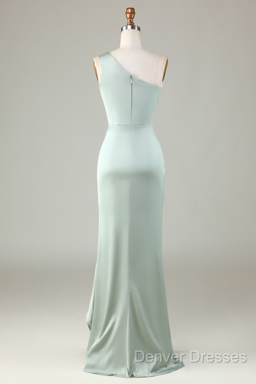 Elegant One Shoulder Matcha Ruched Long Bridesmaid Dress