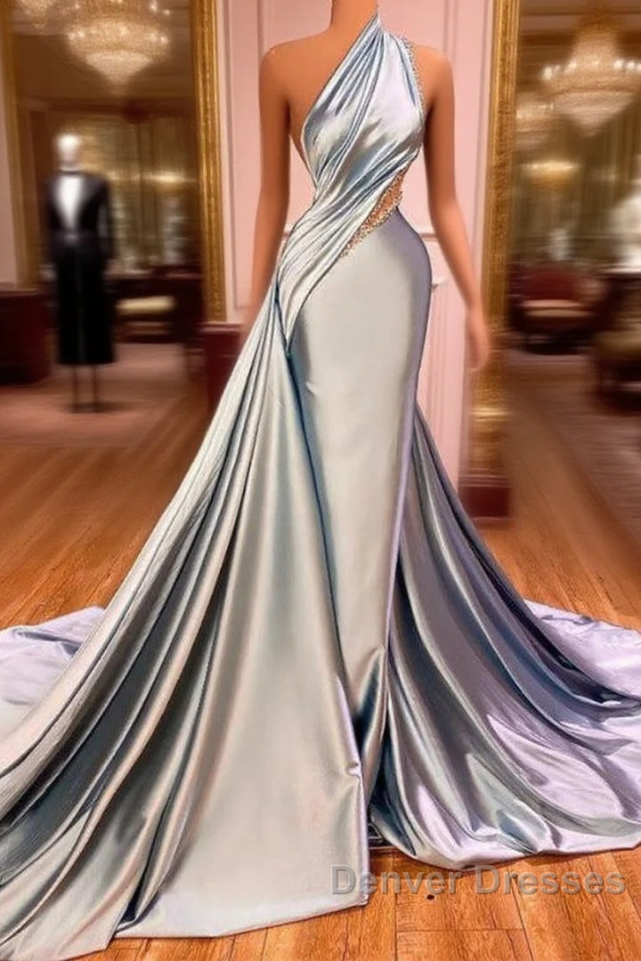 Elegant One Shoulder Mermaid Prom Dress Long Pleated with Beads Main image