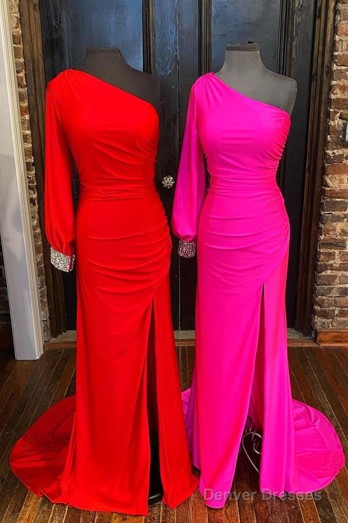 Elegant One Sleeve Red Mermaid Long Prom Dress Main image